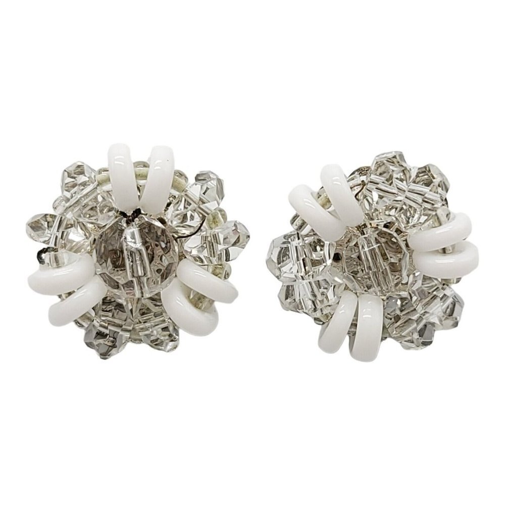 MIRIAM HASKELL White Milk Glass Clear Crystal Silver Tone Screwback Clip Earring